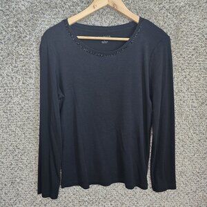 Talbots Top Womens Large Black Scoop Neck Long‎ Sleeve Tee Embellished Casual